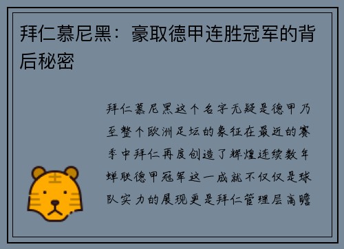 拜仁慕尼黑：豪取德甲连胜冠军的背后秘密